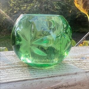 Green Glass tea candle holder with Leaf Design